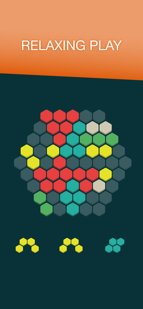 Hex FRVR - Hex FRVR game screen featuring a hexagonal grid with colorful blocks and relaxing play text