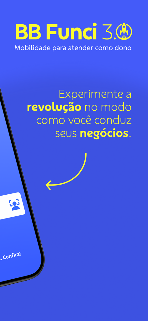 BBFunci 3.0 - BBFunci 3.0 app intro screen with blue background and yellow text about conducting business