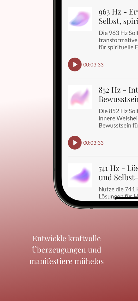 Auramagie: Subliminals+Mantras - Auramagie app interface showing a list of solfeggio frequency audio tracks for spiritual growth and manifestation