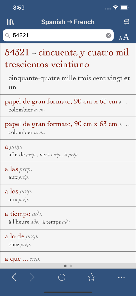 Ultralingua French-Spanish app interface displaying Spanish to French translation results and a number conversion tool.