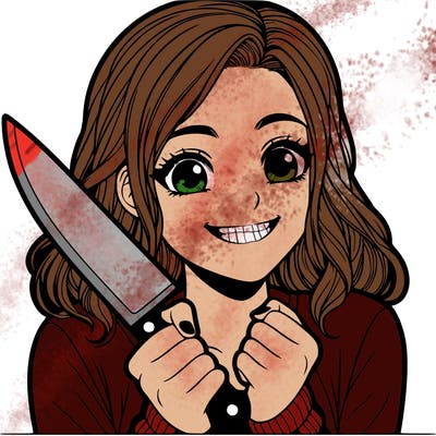 a realistic girl holding a knife and grinning