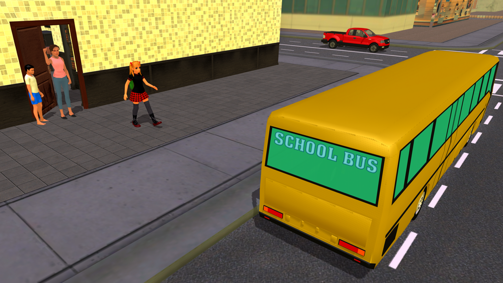 Virtual Mother Dream House Sim - A virtual mother and her children at the school bus stop in a family life simulator game.