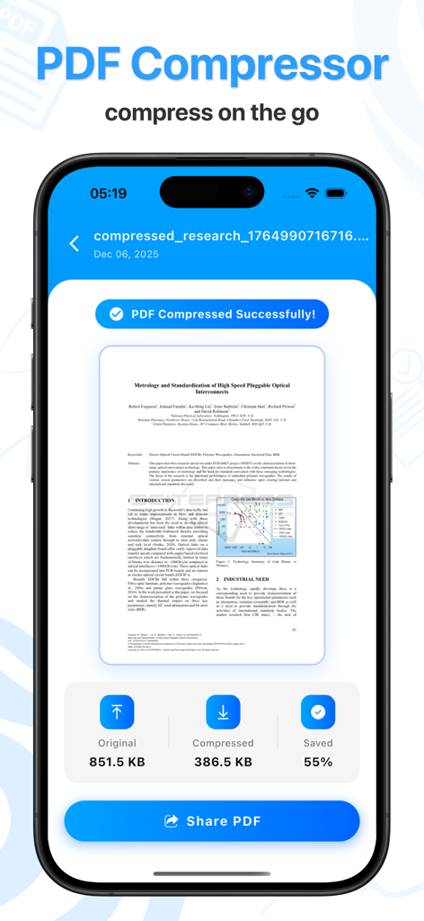 Tela do aplicativo móvel mostrando um documento PDF comprimido com sucesso com uma redução de cinquenta e cinco por cento no tamanho.