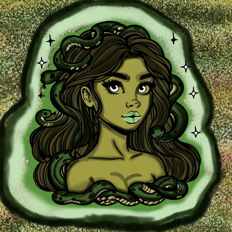 realistic girl with snakes as hair