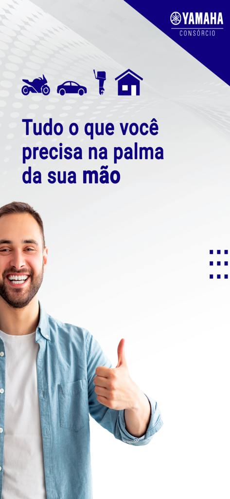 Introductory screen of the Yamaha Consórcio Online app featuring a smiling man and icons for motorcycles, cars, and homes.