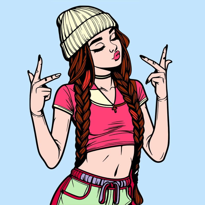 realistic teenage girl with braids and a beanie and crop top doing 🫶🏼