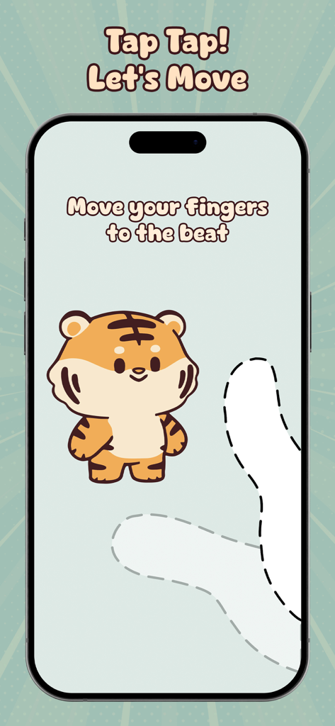 A mobile app interface showing a finger movement game with a cute cartoon tiger and instructions to move to the beat.