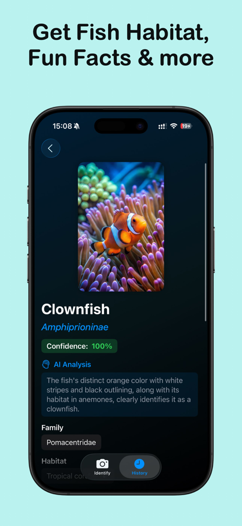 Fish AI - Species Identifier - A mobile screen showing the Fish AI app identifying a clownfish with habitat details and fun facts