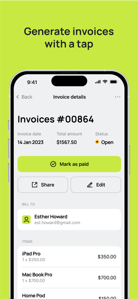 A mobile app screen displaying professional invoice details with options to edit share and mark as paid