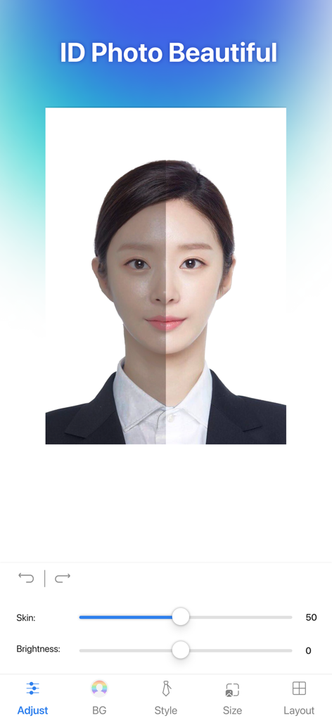 Passport Photo Maker・ID Photo - ID photo editing screen showing skin and brightness adjustment sliders for a professional look
