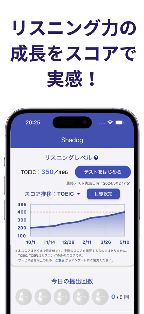 シャドーイング Shadog - リスニング・英単語・英文法 - Shadog app interface showing a TOEIC listening score progress chart and growth level