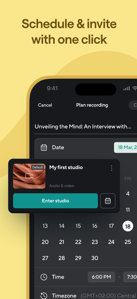 Podcastle: Podcast Recordings - Podcastle app interface for scheduling a recording session with an integrated calendar and studio access