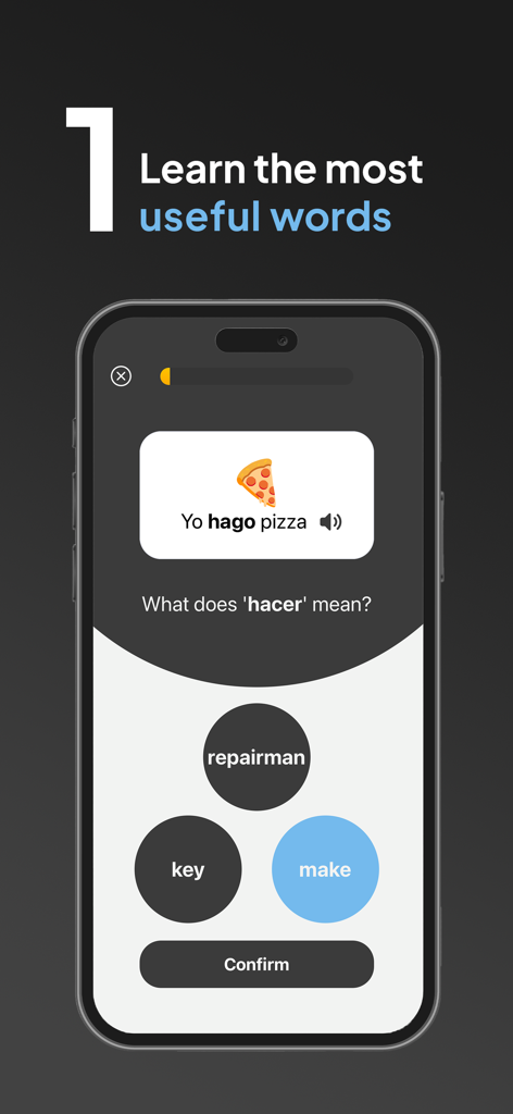 A screenshot of LangAI app showing a vocabulary quiz to learn the most useful Spanish words