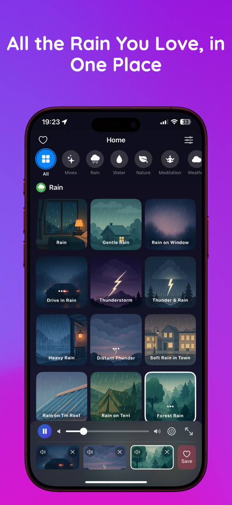 Softly: Sleep & Relax Sounds - The Softly app display showing multiple rain sound options and a customized sound mix.
