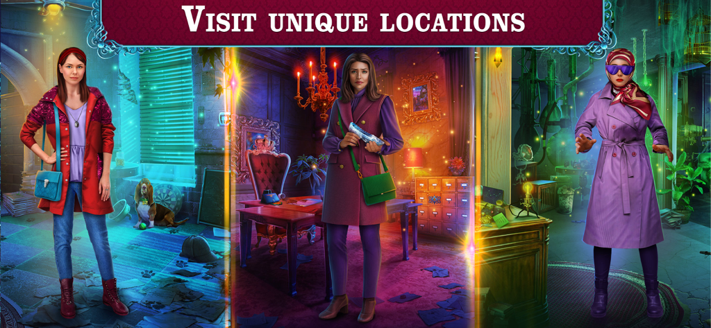 Fairy Godmother: Cinderella - Three female characters in different magical settings with the header Visit Unique Locations