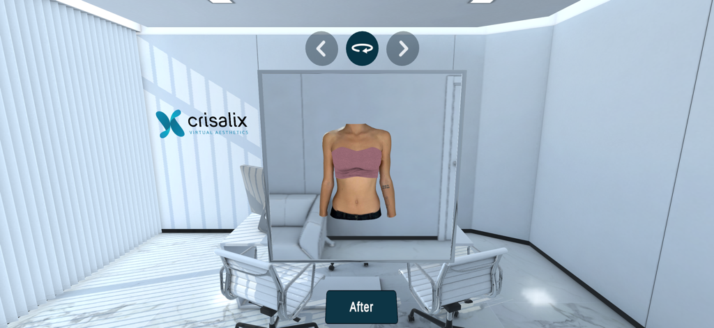 Crisalix VR - A 3D simulation of a female torso showing post-operative results within the Crisalix VR virtual consultation room