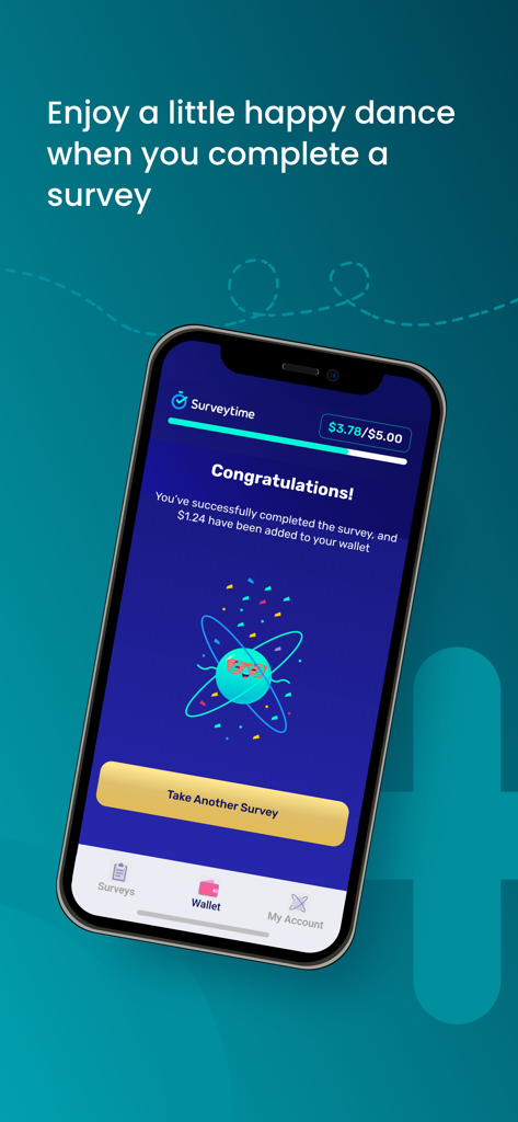 Surveytime - Earn Cash Rewards - Surveytimeアプリの画面。アンケート完了後の、おめでとうメッセージと現金報酬が表示されています。