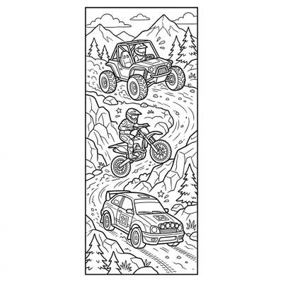 Experience the thrill of off-road racing with this dynamic hillclimb racers coloring page. This unique bookmark design features a dirt bike, rally car, and UTV conquering a steep mountain path.