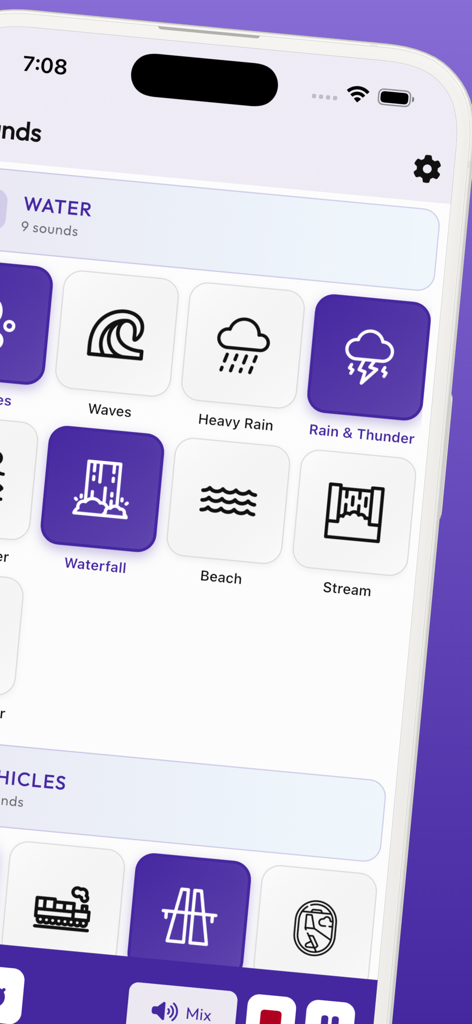 Tinnitus Sound Therapy RngAway - Interfaz de la aplicación de terapia de sonido para tinnitus con iconos de ruido ambiental de agua y vehículos