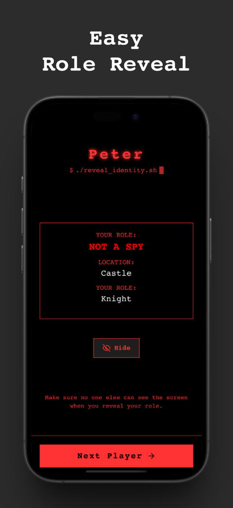 SpyFall: Find the Spy - SpyFall app role reveal screen showing player Peter as a Knight at the Castle location
