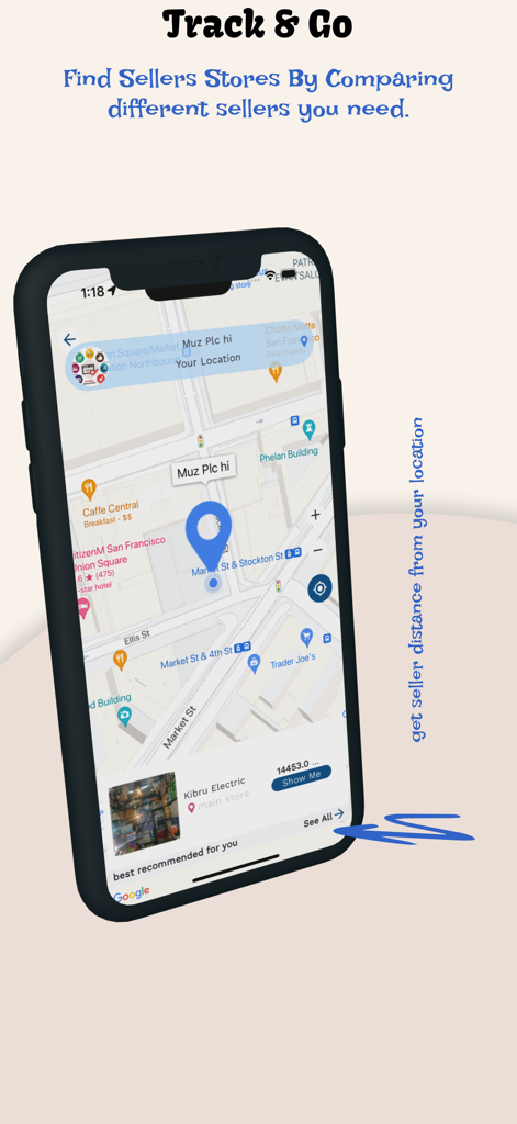 A map interface in the Ghioon B2B app showing seller store locations and distance tracking.