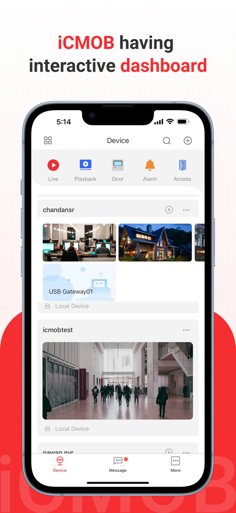 iCMOB - Interactive dashboard of the iCMOB surveillance app displaying live camera streams and security controls