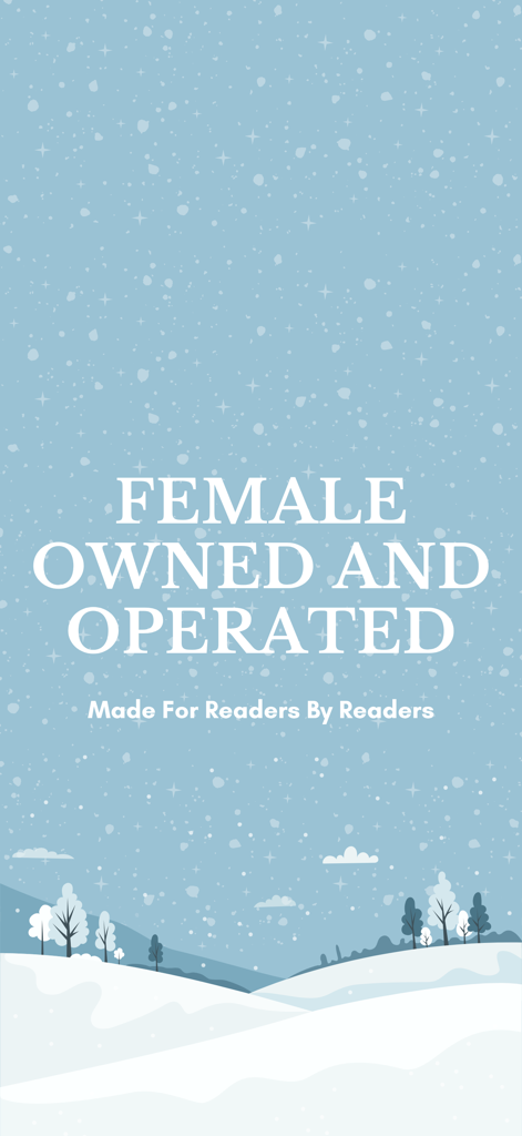 Promotional graphic for the TBR Bookshelf app featuring the text Female Owned and Operated over a winter landscape background.