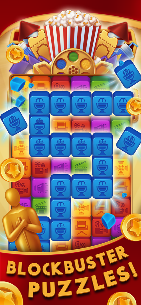 Lights, Camera, Blast! - A cinematic-themed blast puzzle board with colorful movie icon tiles and a golden award statue.