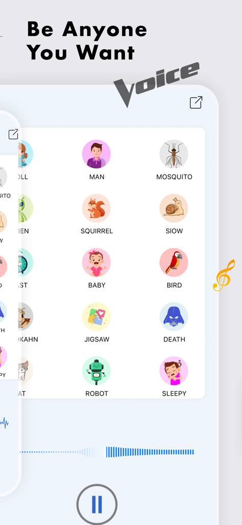 Girls Voice Changer ! - Interface of the Girls Voice Changer app showing various voice effects icons like baby robot and squirrel