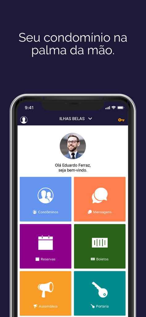 Verti Administradoraモバイルアプリのホーム画面。居住者メッセージ、予約、請求書のアイコンがあるダッシュボードを表示。