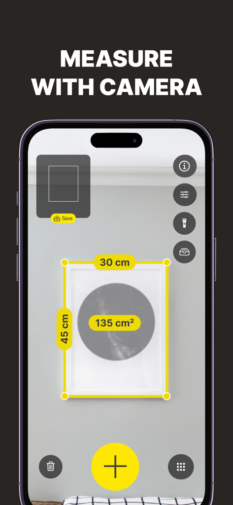 Smartphone screen showing the Tape Measure plus app measuring a picture frame on a wall using augmented reality