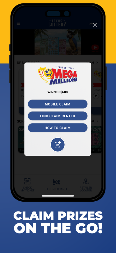L'application Texas Lottery affichant une notification de ticket Mega Millions gagnant avec un bouton de réclamation mobile