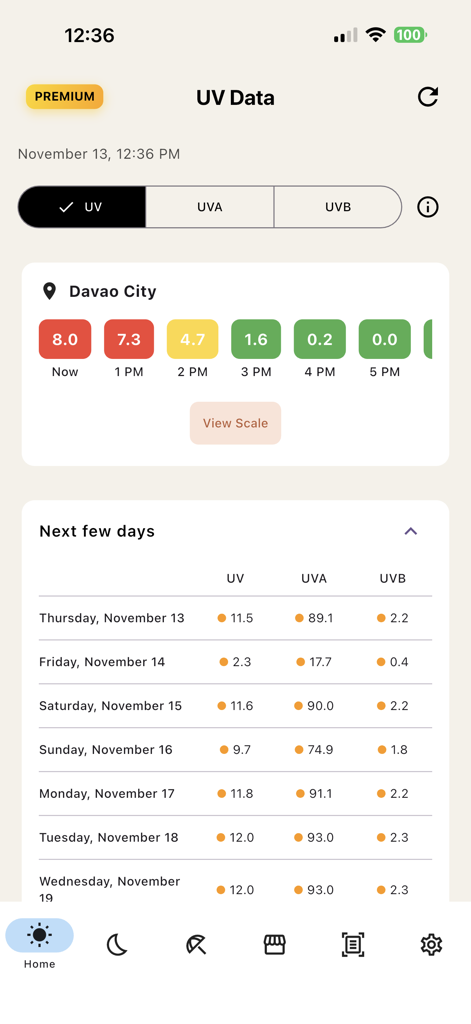 Interface do aplicativo Sky and Sol mostrando o índice UV horário e uma previsão de vários dias para níveis UV UVA e UVB