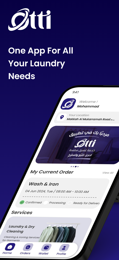 Otti App - Pantalla de inicio de la App Otti mostrando el seguimiento de pedidos de lavandería y servicios de limpieza