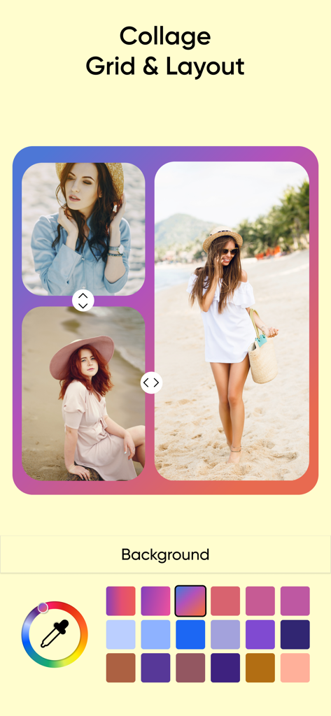 AI Collage Maker: Auto Collage - Cuadrícula de collage de fotos e interfaz de diseño con selección de color de fondo.