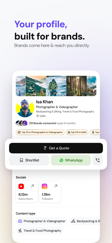 HashFame - Influencer profile on HashFame app showing social media stats and direct contact options for brand collaborations