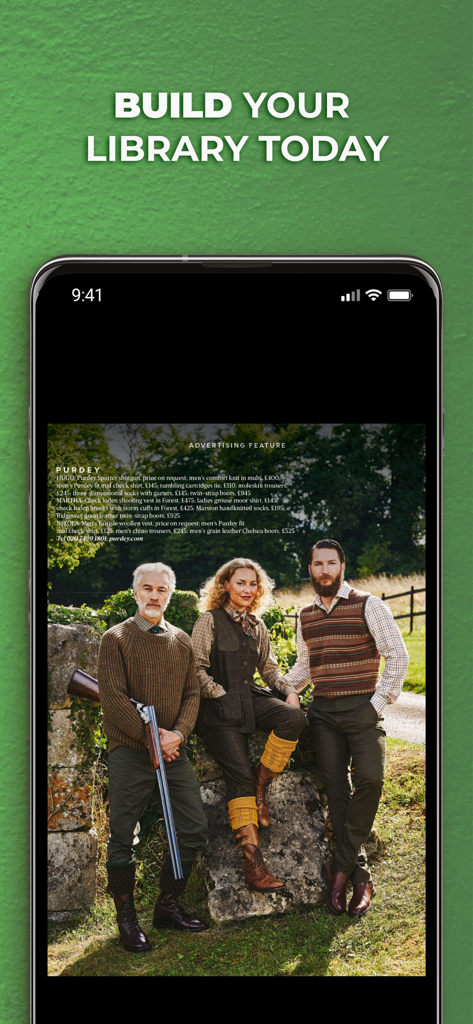 The Field Magazine INT - Three people in traditional British country clothing featured in The Field Magazine app