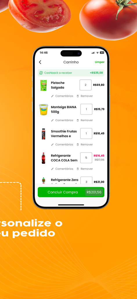 Super Lagoa - Super Lagoa mobile app shopping cart interface showing a list of grocery items and a complete purchase button