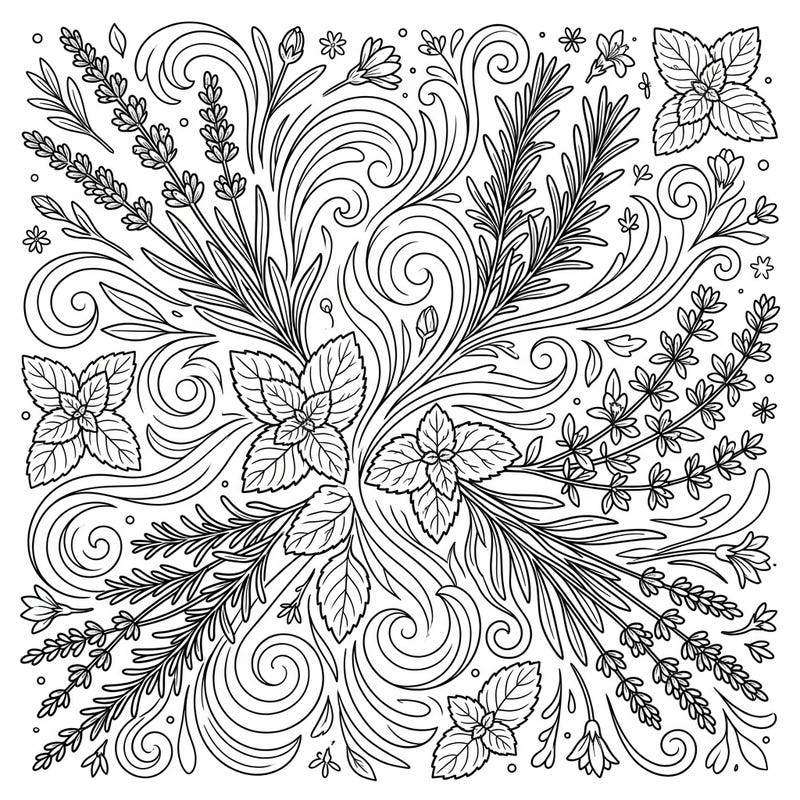 Explore the soothing essence of nature with this intricate aromatic fragrances coloring page. Featuring delicate lavender, fragrant rosemary, and fresh mint, it's perfect for a moment of mindful creativity.
