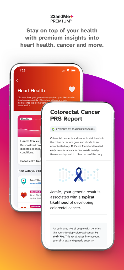 23andMe - DNA Testing - 23andMe app displaying heart health and colorectal cancer risk genetic reports