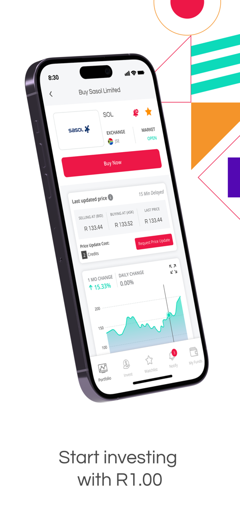 Pantalla de la aplicación móvil EasyEquities que muestra detalles del precio de las acciones y gráfico de rendimiento para invertir de forma fraccionaria fácilmente