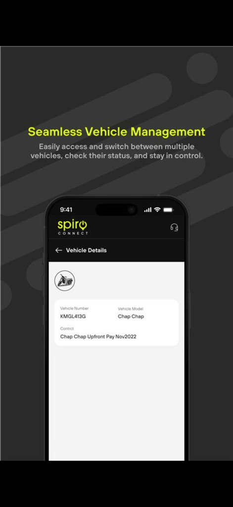 Spiro Connect app showing electric vehicle details and management features