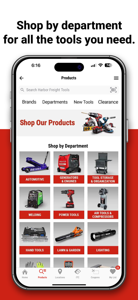 Ein Mobiltelefon, das den Produktkatalogbildschirm der Harbor Freight Tools App mit Symbolen für Automobil, Elektrowerkzeuge und Handwerkzeuge anzeigt.