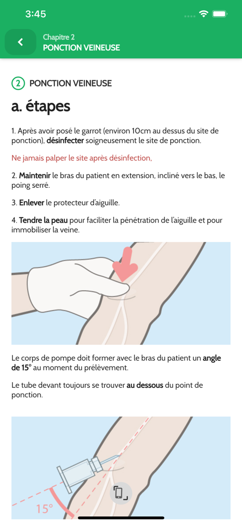 Instructions cliniques étape par étape et diagrammes pour effectuer une ponction veineuse dans l'application mobile Catalogue Cerba.