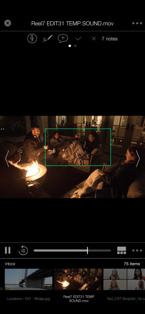 PIX System mobile app interface showing video playback with frame accurate markup and project inbox.