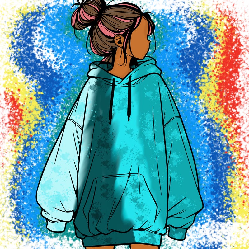 realistic girl with a oversized sweatshirt on and a bun