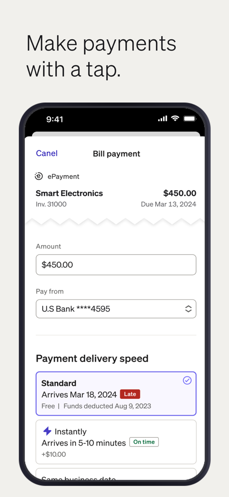 BILL AP & AR Business Payments - BILL mobile app payment screen showing vendor payment details and delivery speed options