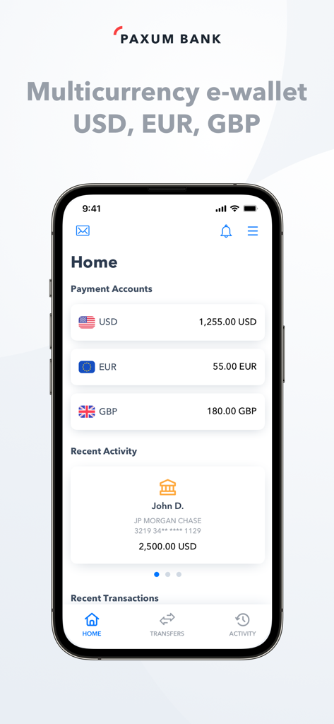 Paxum Bank mobile app home screen displaying multicurrency payment accounts for USD, EUR, and GBP.