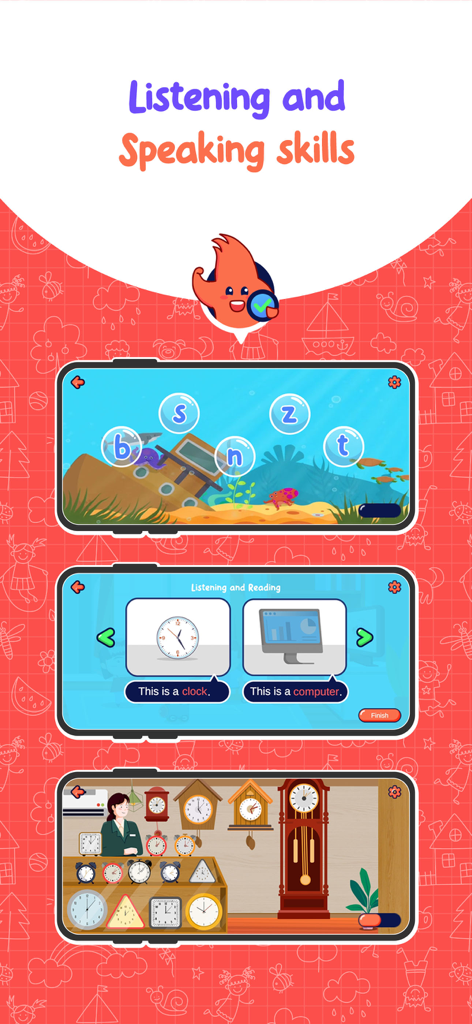 Screenshots of Little Stars app showing English listening and speaking exercises for children