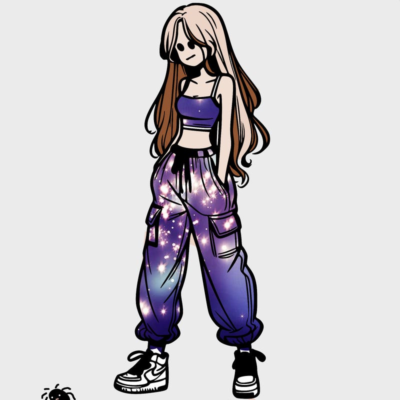 girl in baggy pants crop top and long hair